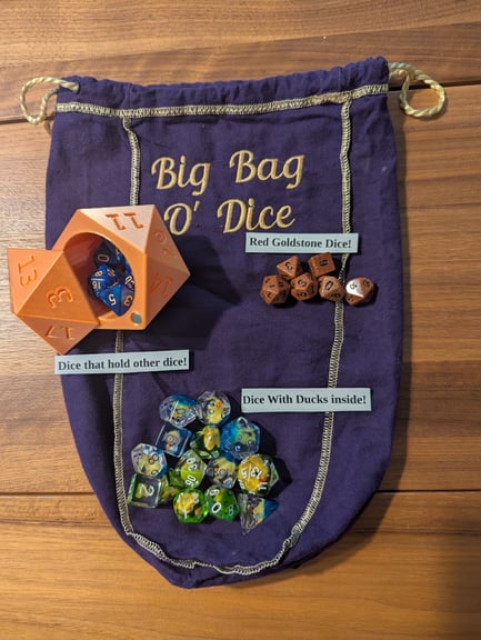This year's version contains a Die that hold other dice! A bag of dice with a dice holder! 
We have dice with ducks inside! Why is that important? Do you have dice with ducks inside? Get this bag and you will!
And for those who want the sparkly stuff, feast your eyes on a Red Goldstone set of dice!